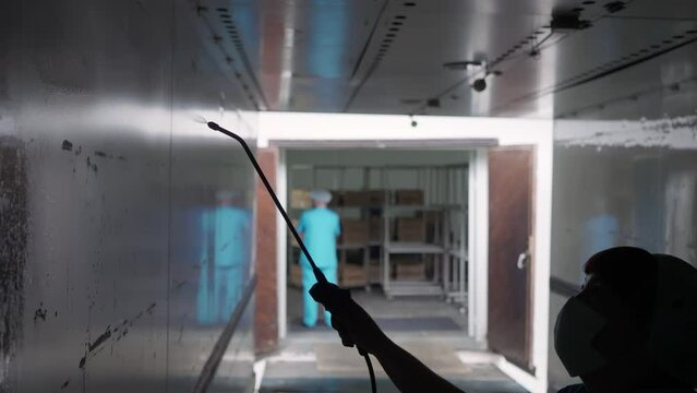 Female worker deals with poultry factory disinfection. Spraying the walls in the poultry factory for disinfection. Covering poultry factory with disinfection liquid to keep livestock healthy. Sanitary