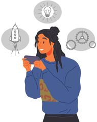 Woman using her phone. Concept of sharing news, refer friends online. Girl holding mobile gadget with icons on screen. Person forwards messages to friends or colleagues. Smartphone addiction