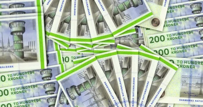Danish krona banknotes in a cash fan mosaic pattern loop. Denmark 200 DKK notes. Abstract concept of bank, finance, economy seamless and looped decorative design background.