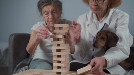Nurse assists seniors patient solve conundrum. Old female with cognitive disorder in geriatric clinic, playing games and thinking. Dementia, Alzheimer disease, concept of care. Therapy with animals. 