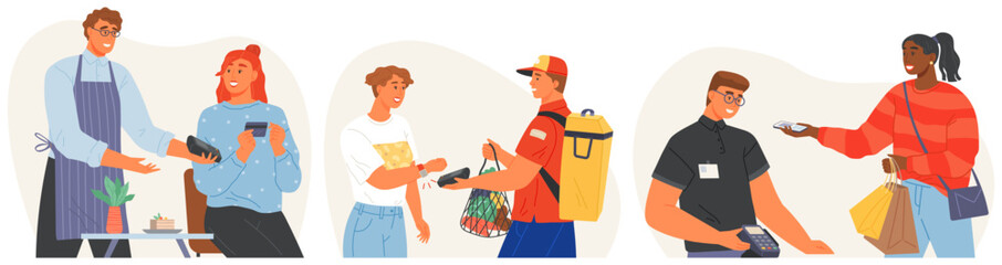 People pay with NFC credit card, internet technology at checkout counter POS terminal. Cashier scanning, ringing purchases. Cashless payment concept. People pay for purchases using online banking
