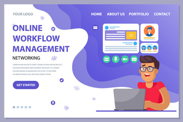 Online workflow management, networking concept. Man with laptop working on personal account development. Business website template, landing page flat style. Male employee analyzes customer base