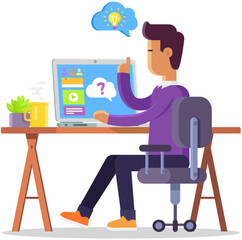 Man freelancer working telecommuting with laptop siting at workplace. Telework mobile remote work working from home, WFH, flexible workstation. Businessman looks for information in social network