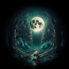 Fairy-tale night forest with bizarre trees in the form of an arch, moonlight, magical, mysterious forest. AI