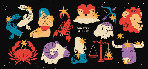 Astrological zodiac signs. Aries, Taurus, Leo, Gemini, Virgo, Scorpio, Libra, Aquarius, Sagittarius, Pisces, Capricorn, Cancer. Symbols of zodiac Constellations. Hand drawn Vector illustration