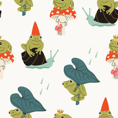 Set of cute Frogs. Frog with crown sitting on a red mushroom, frog hiding under the leaf, frog wearing red hat riding on a snail's back. Funny characters. Hand drawn Vector seamless Pattern 