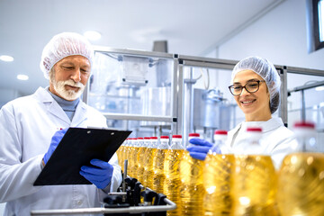 Food factory workers or technologists doing quality control of the product in production plant.