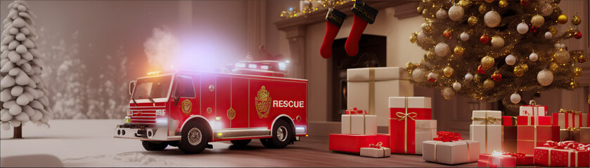 fire truck toy christmas living room, Generative AI