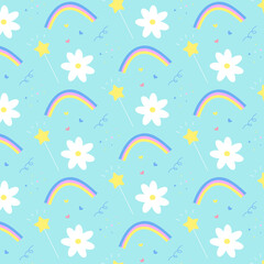 Fototapeta na wymiar seamless pattern with flowers, rainbow and magic wand