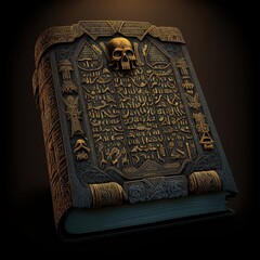 Ancient Egyptian book of the dead. Fantasy book, black book with mummies. AI - obrazy, fototapety, plakaty