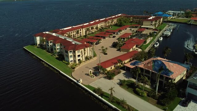 Slow motion aerial view of buildings in  Punta Gorda, Florida