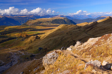 Alpine fields of Seiser Alm (Alpe di Siusi) in autumn colours. Trentino Alto Adige, South Tyrol, Italy, Europe