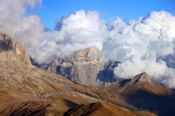 View of Sassolungo and Sassopiatto mountains of the Langkofel Group in Seiser Alm, Dolomites, Italy, Europe