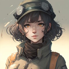 Brunette girl anime character design in cute military outfit, digitally generated non-derivative art