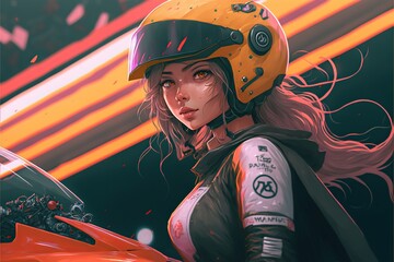 Cute brunette anime girl with motorcycle helmet - obrazy, fototapety, plakaty