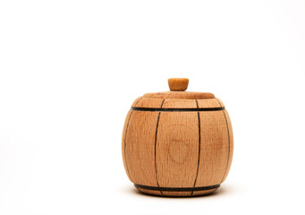 brown wooden mini keg with lid isolated on white background, close up.side view. High quality photo