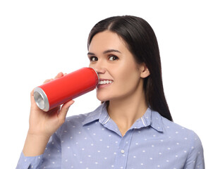 Beautiful young woman drinking from tin can on white background