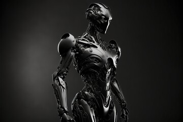 Black robot android cyborg isolated on black background. Futuristic character design, profile view.