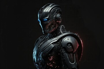 Black robot android cyborg isolated on black background. Futuristic character design, profile view.
