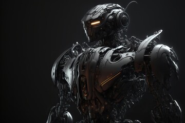Fototapeta na wymiar Black robot android cyborg isolated on black background. Futuristic character design, profile view.