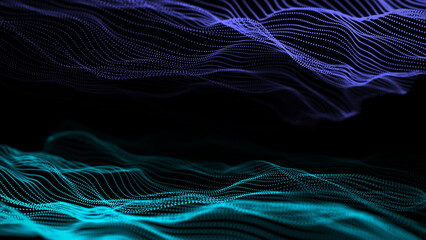 Digital gradient two waves on the dark background. The futuristic abstract of information ocean. Analysis and searching of data. 3D rendering.