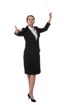 Professional young conductor with baton on white background