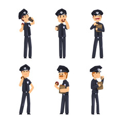 Male Police Officers in Uniform Eating Donuts and Drinking Coffee Vector Set