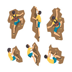 Man Rock Climber in Helmet Rising the Steep Slope Mountain Vector Set