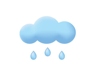Blue cloud with rain drops. Weather forecast element icon. 3d Vector illustration isolated on white backrgound.