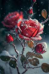 beautiful red rose flower with snow - Generative AI