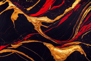 Black red and gold marble abstract background. Decorative acrylic paint pouring rock marble texture. Horizontal Black red and gold wavy abstract pattern. - 551636103