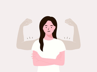 Strong woman. Cute girl and muscle arms behind her. Independence, self mind and business. Confident lady. Successful self-made lady show strength and leadership. Flat vector illustration Simple style.