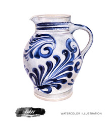 Watercolor illustration of traditional jug of apple wine isolated on white background. German apple wine in an old jug for cider.