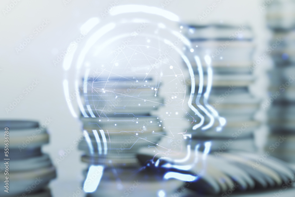 Aufkleber abstract virtual artificial intelligence interface with human head hologram on stacks of coins backg
