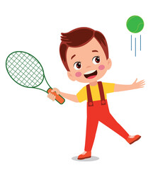 happy cute kid boy play train tennis