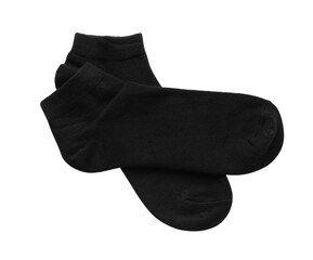Pair of black socks on white background, top view