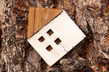 Wooden house model on the bark of a forest tree in nature