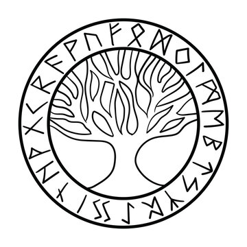 Yggdrasil, the tree of life. Vikings symbol Odin,with futhark runes 