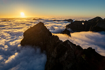 Sunset on Pico do Arieiro in Madeira. View from drone.