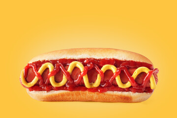fresh made hot dogs on yellow pastel background