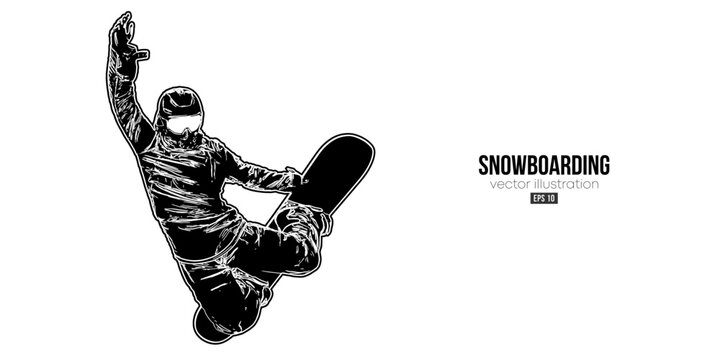 Abstract silhouette of a snowboarding on white background. The snowboarder man doing a trick. Carving. Vector illustration