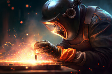 A welder in a mask surrounded by sparks. - obrazy, fototapety, plakaty