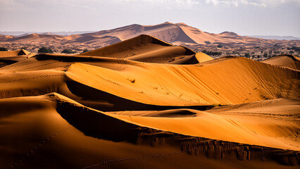 Sahara Desert sand dunes background. Popular travel destination, Erg Chebbi, Sahara Desert, Morocco.