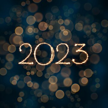 2023 Year , New Year's numbers are written with imitation sparklers on a blue background with a bokeh effect.  Great idea for Christmas cards, posters, stickers, greeting invitations.