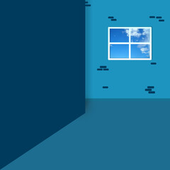 blue background, window, sky, 3d effect clouds, doors illustration design