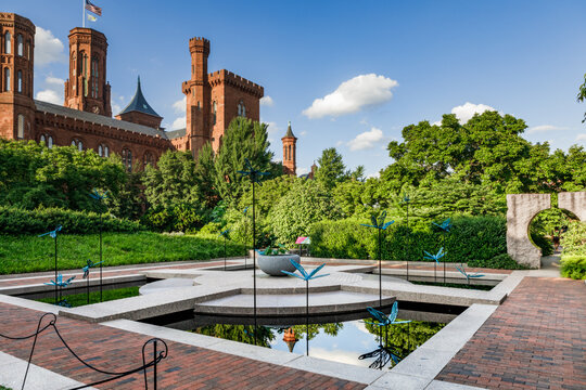 Washington, DC USA - June 26, 2019: Moongate Garden at the Enid A. Hapt Smithsonian Garden on the grounds of the Smithsonian Castle on the National Mall in Washington, DC