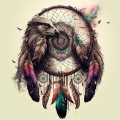 Indian Magical amulet Dreamcatcher, protecting the sleeper from evil spirits and diseases. bad dreams get tangled in the web, while good dreams slip through the hole in the middle. AI