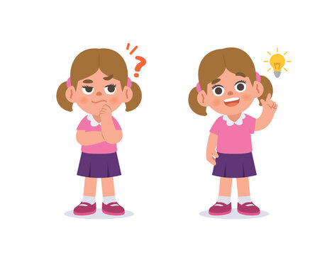 The white girl was confused, wondered, had a problem, and tried to answer and The girl figured out the answer to the problem. illustration cartoon character vector design on white background.