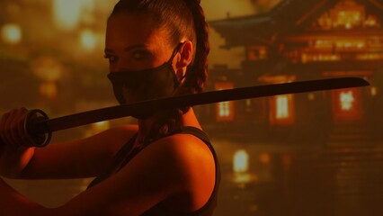 Young and beautiful ninja girl in a mask and with a katana. Samurai woman on the background of...