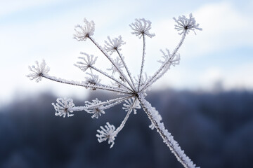 Obraz premium A frozen plant in frost. Herbaceous plant with complex basket inflorescence covered with small ice crystals and white snow in winter in December, background blurred, close-up, horizontal photo